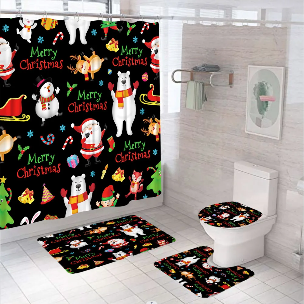 

Merry Christmas Decor Shower Curtain Set Cartoon Santa Claus Cute Elk Reindeer Bear Kids Screen Bath Mat Rug Carpet Toilet Cover