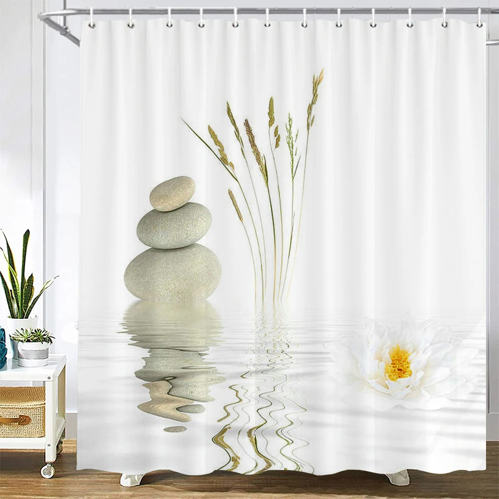 

Stones And Lotus in Water Shower Curtain Zen SPA White Waterproof Bathroom Curtain Extra Long Polyester Fabric for Bathtub Decor