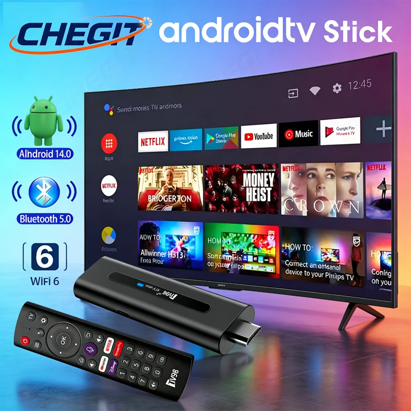 Android14 4 Core 8K HD TV Stick 8GB+128GB Allwinner H313 WiFi6 Smart Media Player BT5.0 Voice Remote for Netflix YouTube iptv