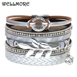 WELLMORE Bohemia leather bracelets 7 colors charm bracelets metal leaf magnet bracelets for women fashion jewelry wholesale