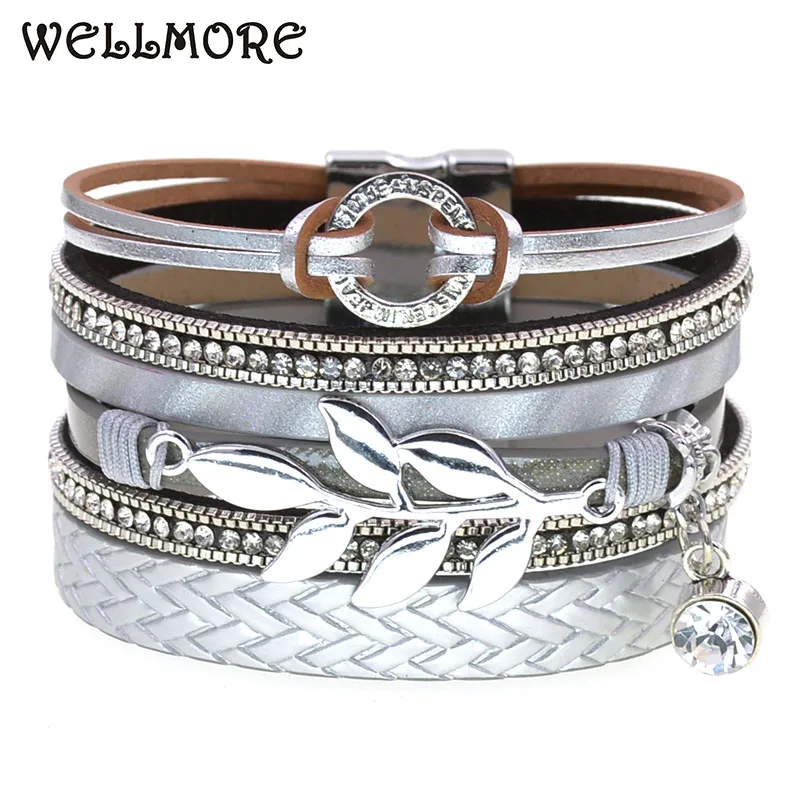 WELLMORE Bohemia leather bracelets 7 colors charm bracelets metal leaf magnet bracelets for women fashion jewelry wholesale