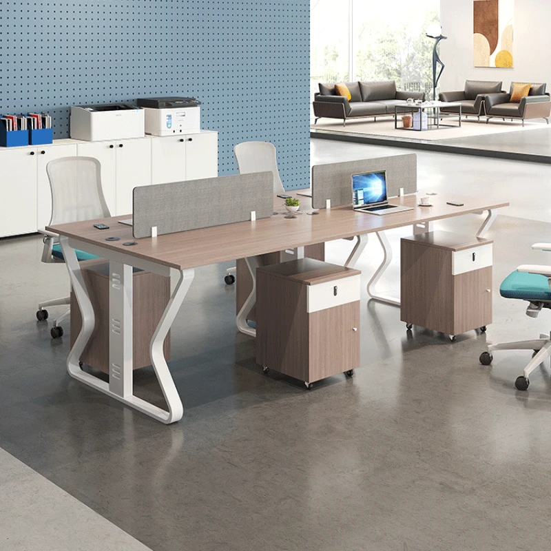 

Minimalist office desk for employees, modern staff, 6-seater workstations, office furniture, computer, desk and chair