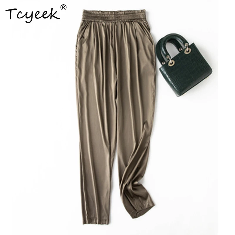 

Tcyeek Summer 93% Silk 7% Spandex Pants Women Thin Wide Leg Casual Trousers Solid Elastic Waist Harem Pant New 2023 B35855C