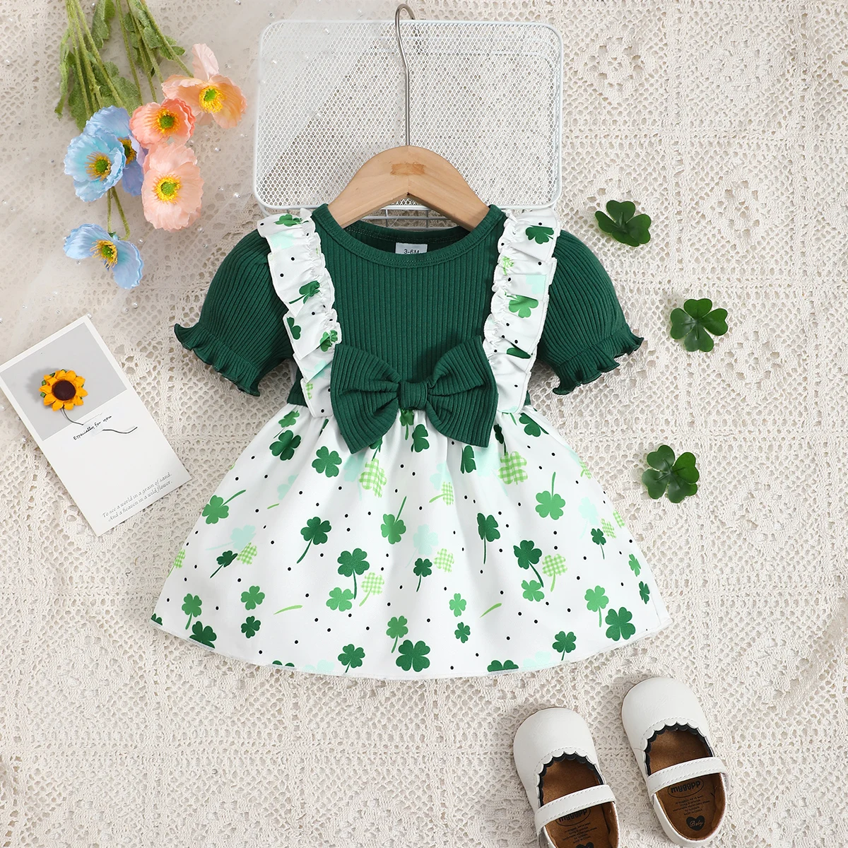 

Летнее платье для маленьких девочек, платье с короткими рукавами и принтом «Счастливый четырехлистный клевер», милое повседневное платье для маленьких девочек 0-24 месяцев
