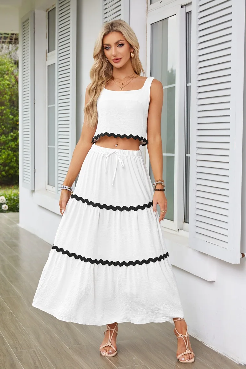 Wave Stripe Holiday Strap Dress Set Spring Summer Crop Top Elegant Sleeveless 2 Pcs Matching Sets Long Skirt A-line Beach Suit