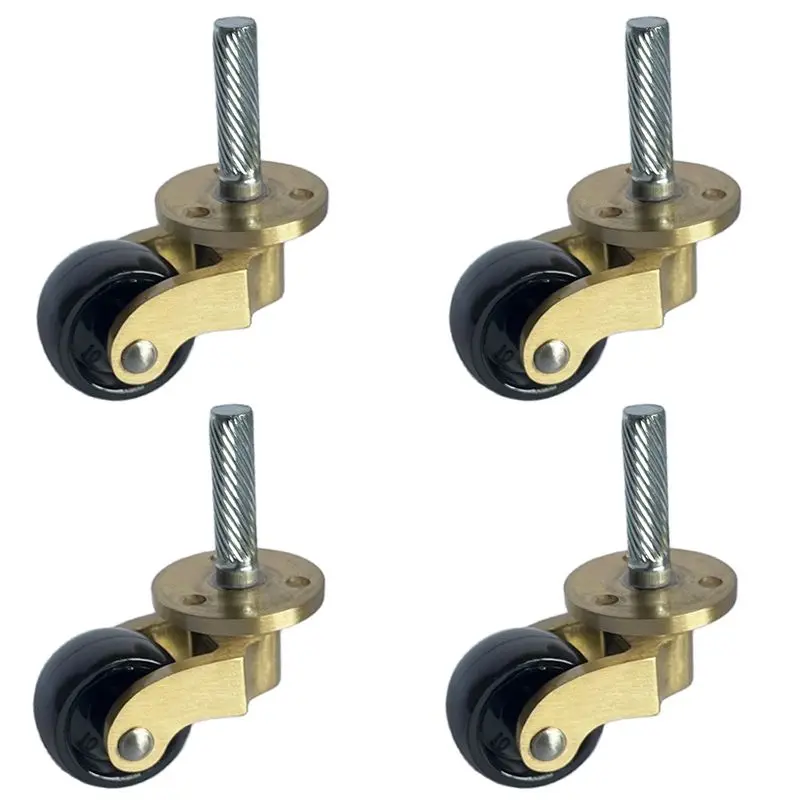 4PCS 1'' Solid Brass Casters Ultra-Low Height Table Chair Couch Cabinet Furniture Castors Rubber Silent Wheel 360° Swivel Roller