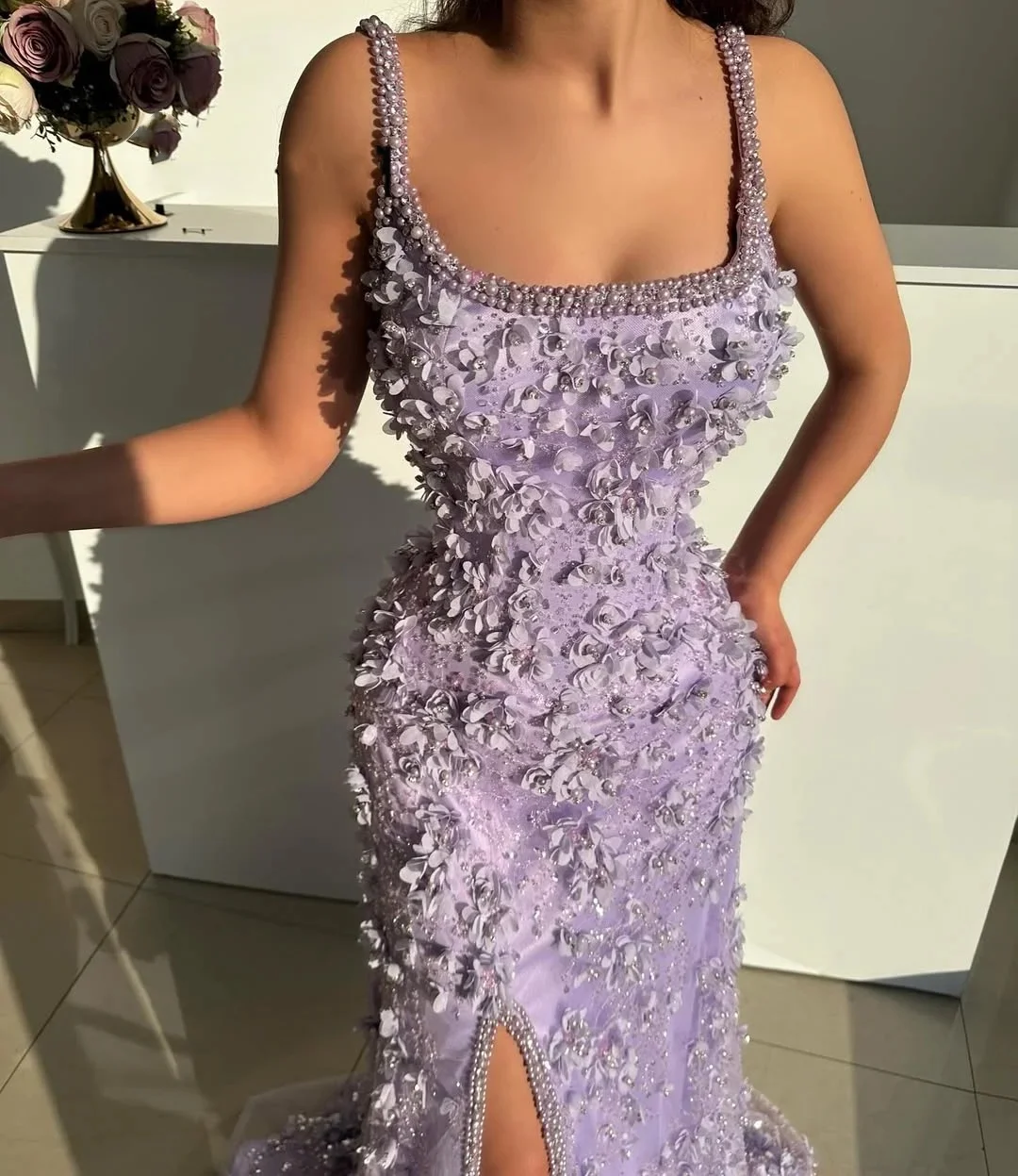 مصمم فساتين السهرة السباغيتي الأشرطة بلا أكمام ثوب يزين مطرز الترتر سبليت الجانب سويب تراين فستان حفلة مخصصة #3