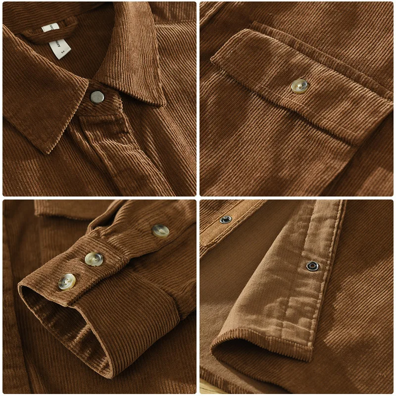 Autumn New Vintage Cargo Corduroy Shirts for Men Casual 100% Cotton Loose Turn-down Collar Shirts C6631