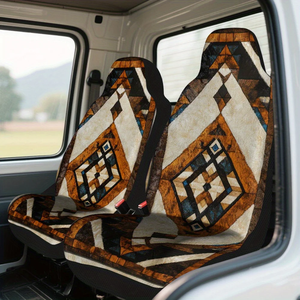 2pcs Geometric Tribal Print Car Seat Covers – Fit For Cars, Trucks, Vans, SUVs | Durable Protectors | Easy Installation & Washa