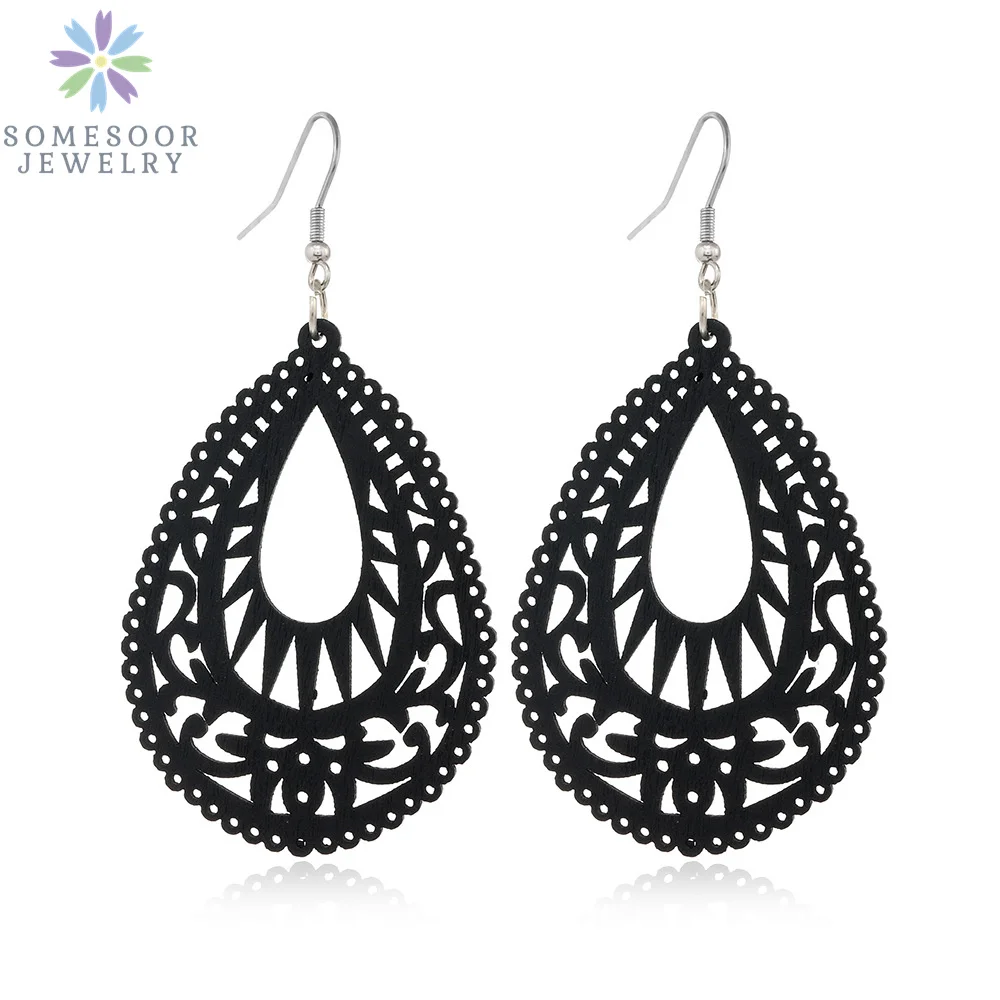 SOMESOOR Trendy Black Cutting Women Wooden Drop Earrings Collections African Ethnic Bohemain Engraved Dangle Jewelry Accessories