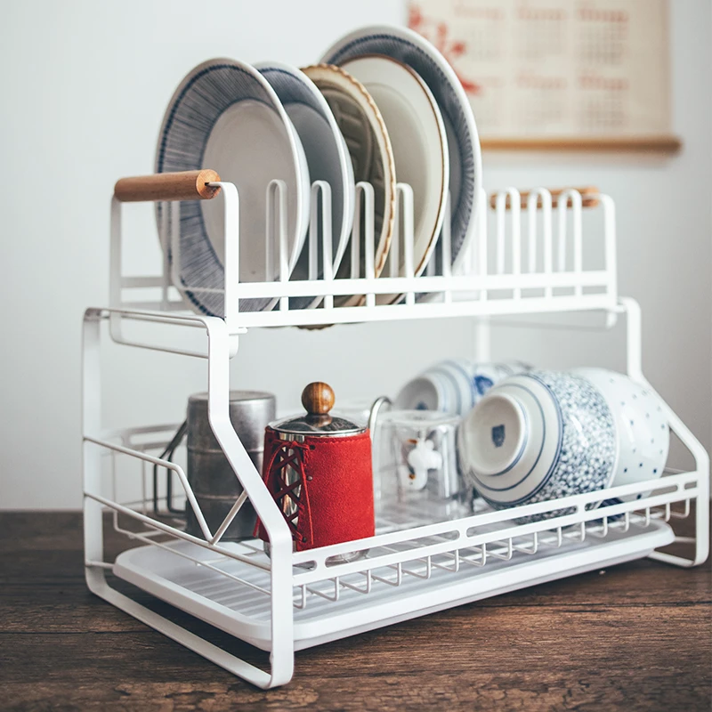 

Japanese Style Dual-Layer Dish Rack, Kitchen Counter Storage Basket, Iron Art Dish & Cup Holder, Decorative Kitchen Organizer