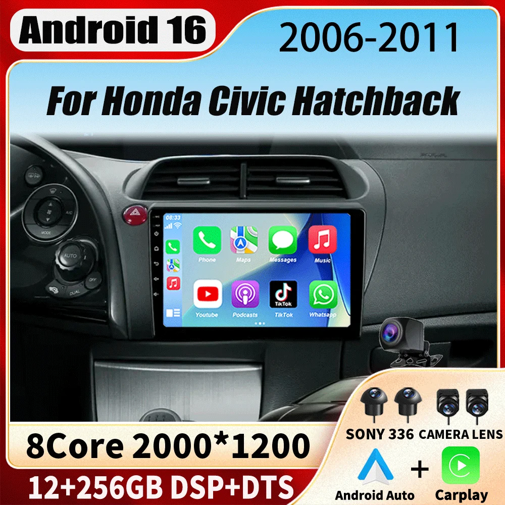 Android 16 Carplay Auto GPS Car Radio Navigation Multimedia Player For Honda Civic Hatchback 2006 - 2011 video Stereo DVD 2 DIN