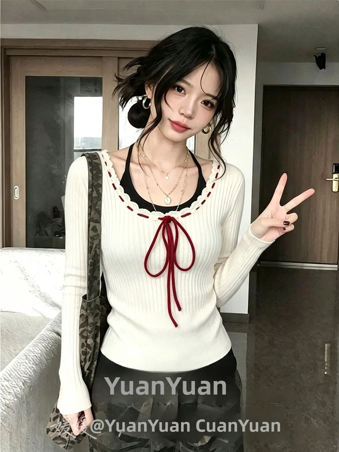 Sweet Girl Style White Square Collar  Knot Knitted Sweater Women's Slim Fit Autumn Winter Inner Wear Base Shirt Top