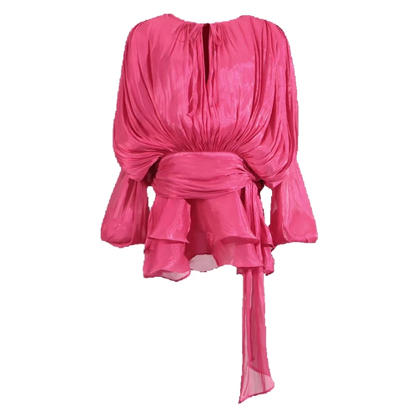 

Women's Pink Shiny Blouse Puff Sleeve Tie Neckline Waist Belt Ruffle Hem Elegant Party Top Fashion Runway Style mini dress