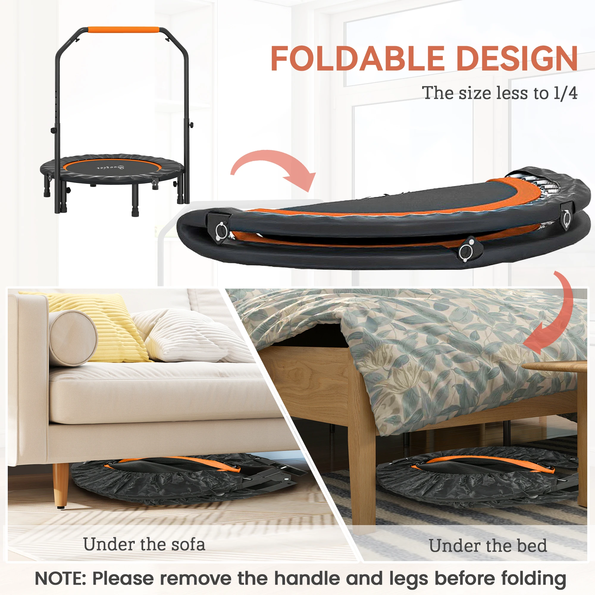 HOMCOM 40" Foldable Mini Fitness Trampoline w/ Foam Handle, Orange