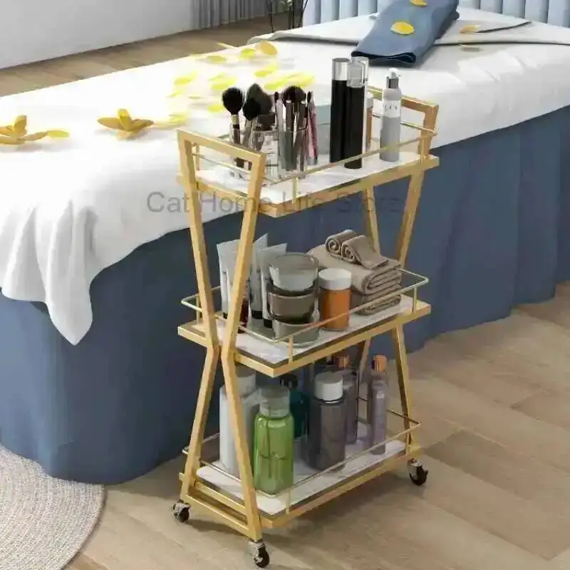 Drawer Storage Cosmetic Trolley 2-tier Cart Sockets Hairdressing Salon Auxiliary Chair Professional Beauty Furniture Foldable