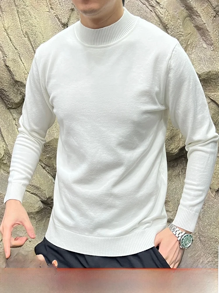 

Смешанный вязаный эластичный мужской свитер с высоким воротником, повседневный дизайн, длинный свек, теплый однотонный модный нож...