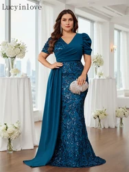 Lucyinlove Plus Size Elegante scollo a V Paillettes Abito da sera Donna Maniche corte Sirena Formale di lusso Party Streamer Abito da ballo