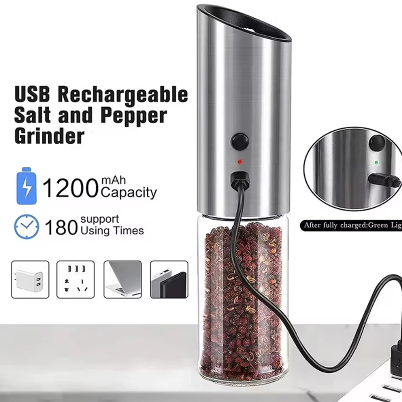 USB Rechargeable Electric Salt And Pepper Grinder Set Automatic Stainless Steel Spice Mills Shakers Kitchen Tool