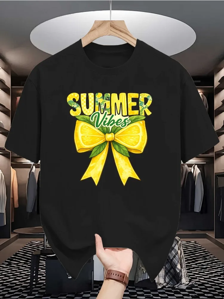 Men Summer Crew Neck Short Sleeve T Shirt Summer Vibes Lemon Bow Print Casual Loose Fashion Streetwear Daily Basic Top