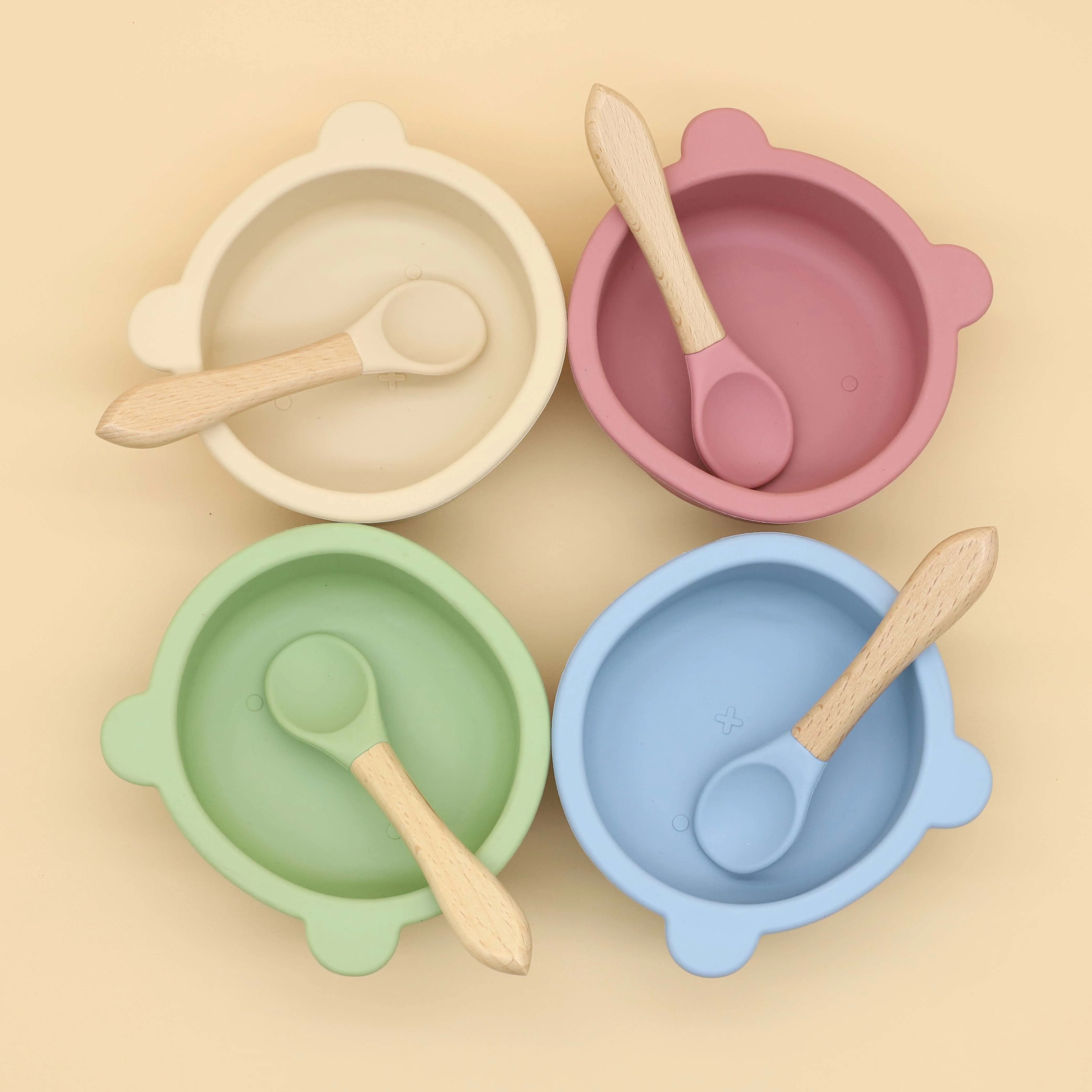 2pcs silicone cartoon teddy bear bowl with suction cups, wooden handle spoon set, complementary food tableware for babies