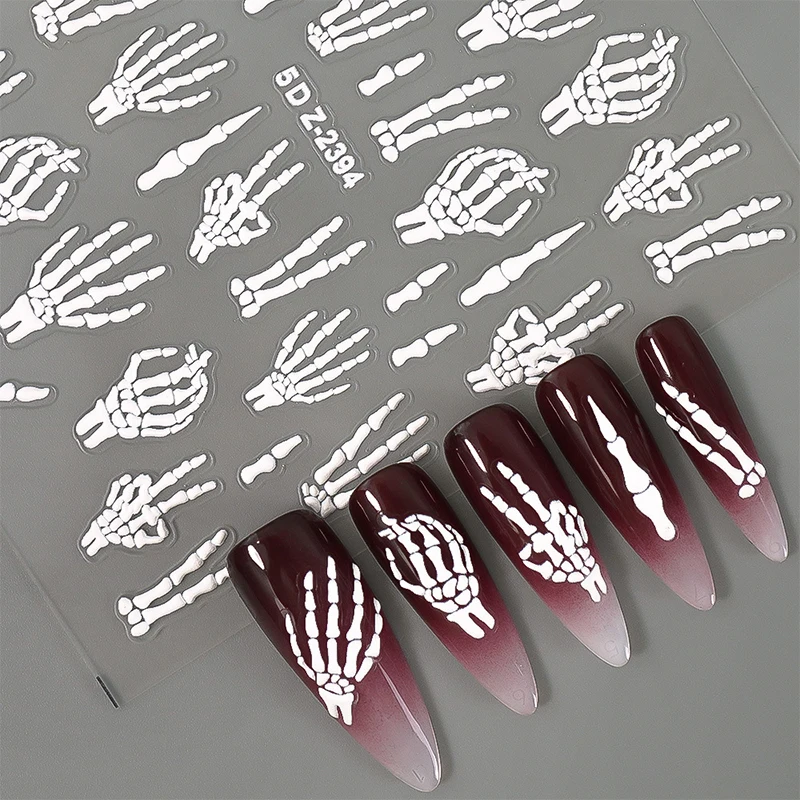 5D Relief Halloween Nail Art Stickers Skeleton Hand Pumpkin Ghost Decal DIY Manicure Decoration Tips Nail Accessories Tools