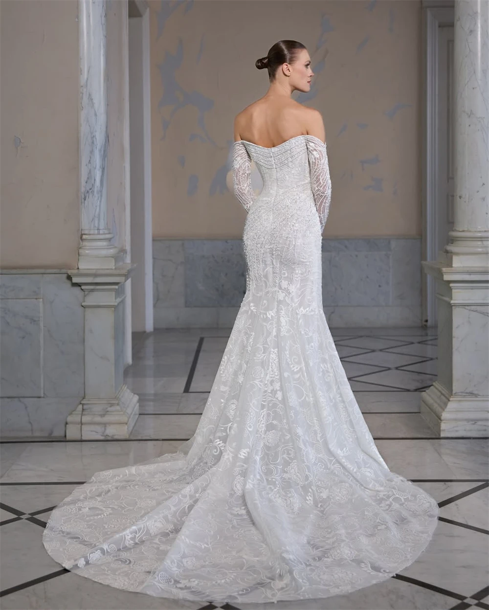 Customized Elegant White Organza Wedding Dress Soft Boat Neck Long Sleeves Bridal Gowns Sexy Mermaid Court Train Robe de mariée