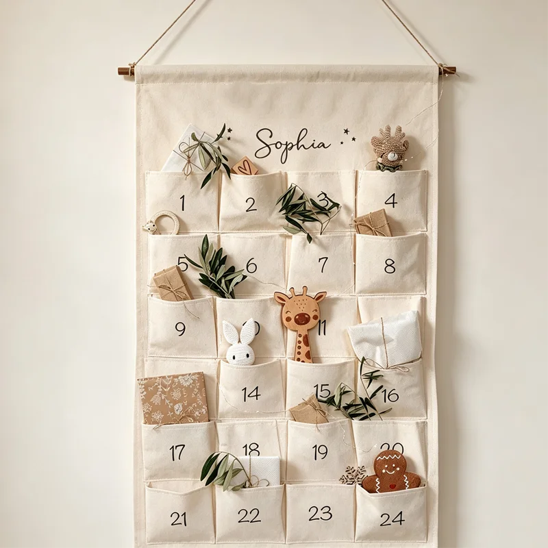 Adventskalender mit 24 Fächern zum Befüllen, personalisierbarer Stoff-Countdown-Kalender, Weihnachtsgeschenk für Kinder, zum Selbermachen, zum Aufhängen an der Wand.