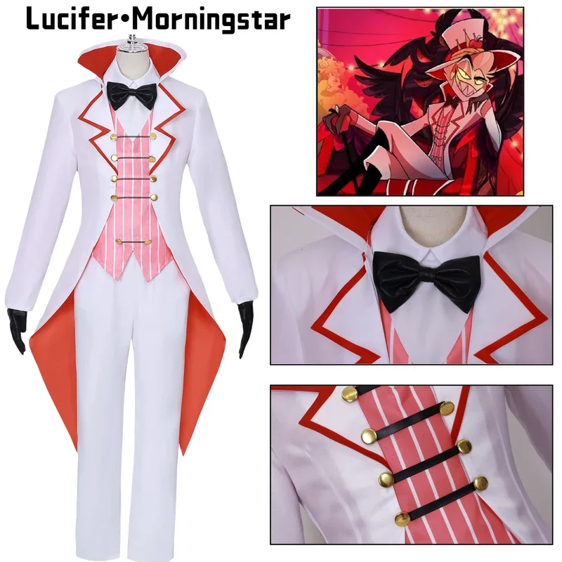 Hazbin Lucifer Cosplay Anime Hotel Morningstar Cosplay Alastor Cosplay Costume Wig Daddy White Suit Devil Hell Halloween Party