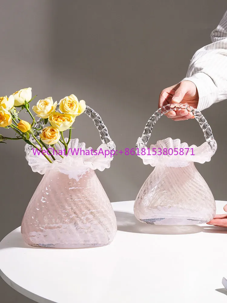 Premium sense exquisite light luxury glazed handbag bag vase glass flower basket living room home
