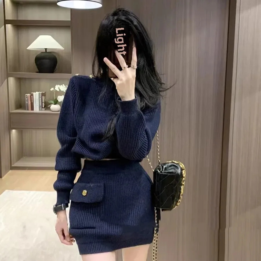 Korean Style Women's Elegant Knit Half Dress Autumn Collection High End Feel Two-piece Suit Polo Collar Pullovers