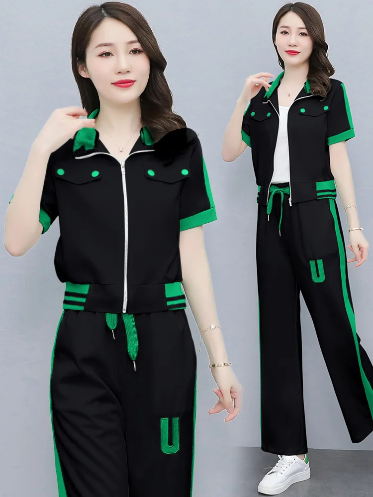 Summer Women Tracksuit Outfits Zip Up Short Sleeve Jacket Sweatshirt+pant Running Jogger Fitness Casual Workout Set Sweatsuit