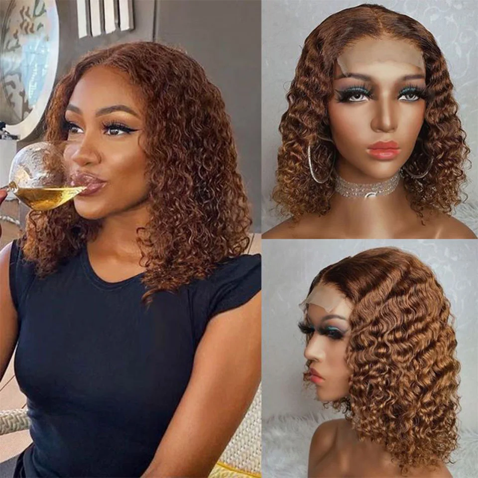 

13x4 Brown Curly Human Hair Bob Wig Brazilian Colored Glueless Curly Lace Front Wig Human Hair Preplucked Density180 Can Be Dyed