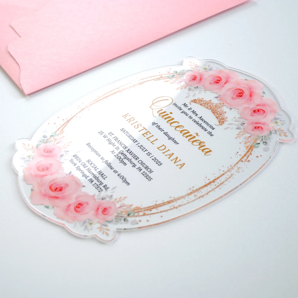 

Wedding Invitation Card with Envelop, Birthday Civil Rose Flower, Custom Pink Gold Clear Acrylic Cards, Invitation Sample