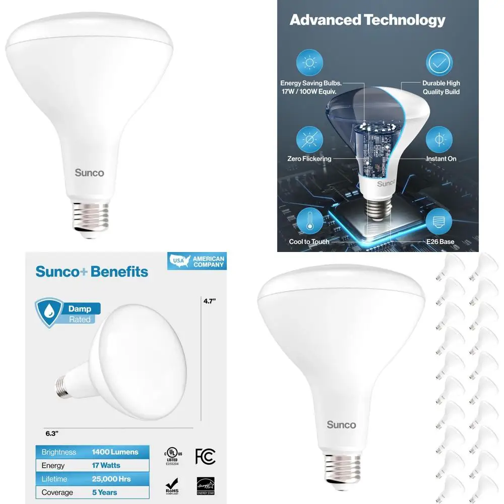 

Набор из 20 светодиодных ламп BR40, 1400 люмен, 17 Вт, мягкий белый свет, с регулировкой яркости, цоколь E26, подходят для дома, спальни, кухни