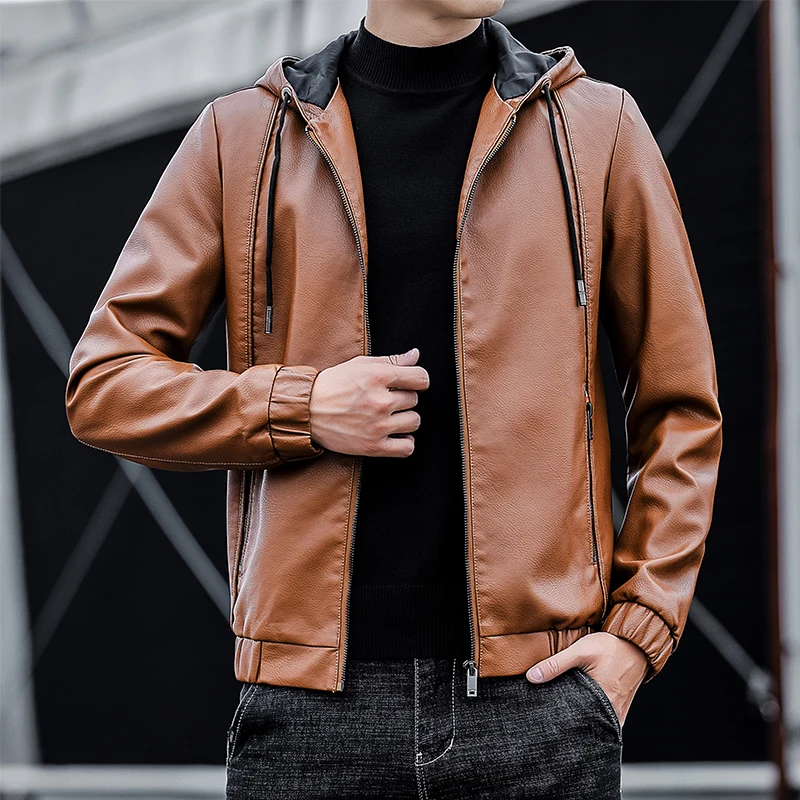 Casual 2024 Spring Autumn Solid Color Men's Hooded PU Leather Jackets Streetwear Loose Zipper Faux Leather Coat Youth Top Parkas