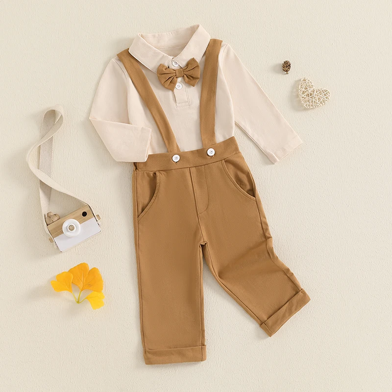 Baby Boys Fall Outfits Bowite Turn-Down Collar Long Sleeve Rompers Suspender Pants 2Pcs Clothes Set