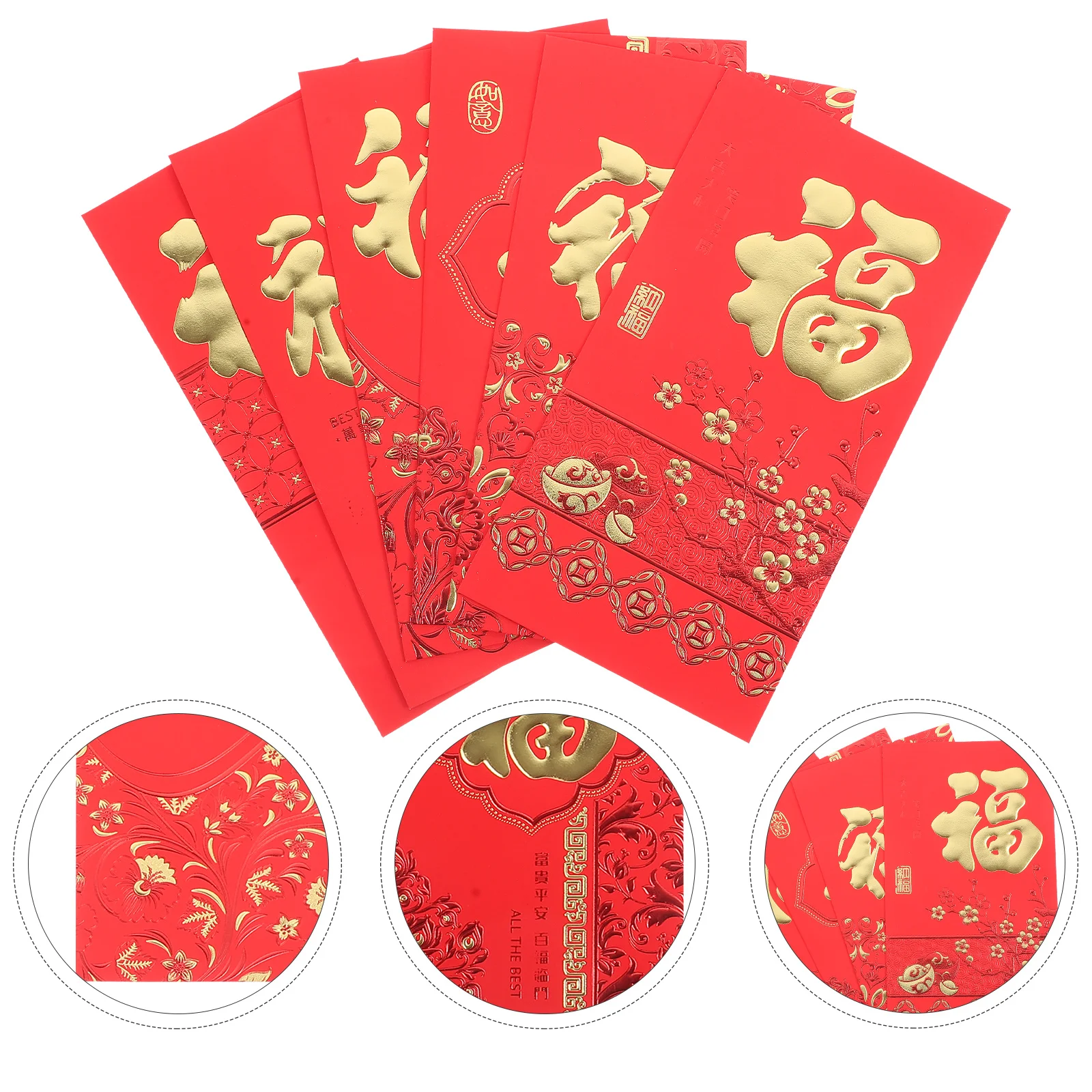 

6pcs Vintage Red Envelopes Fu Character Wedding New Year Paper Money Pockets Chinese Style 2024 Lunar Festival Party Supplies