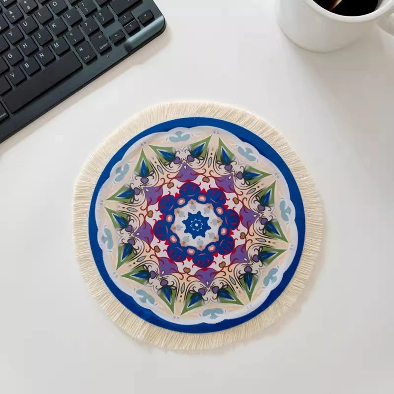 

Ethnic Style Round Mouse Pad Mandala Pattern Desk Protector with Tassels for Laptop PC Gaming
