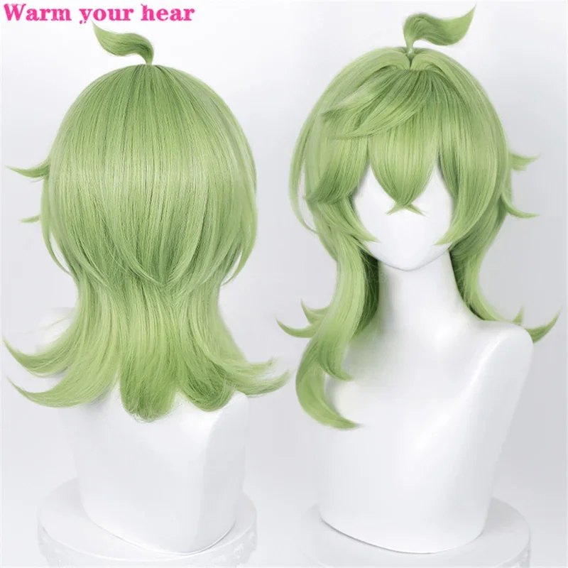 In Stock Game Collei Cosplay Wig Long 55cm Green Fake Scalp Top Cosplay Hair And Earring Heat Resistance Fibre Wigs   A Wig Cap