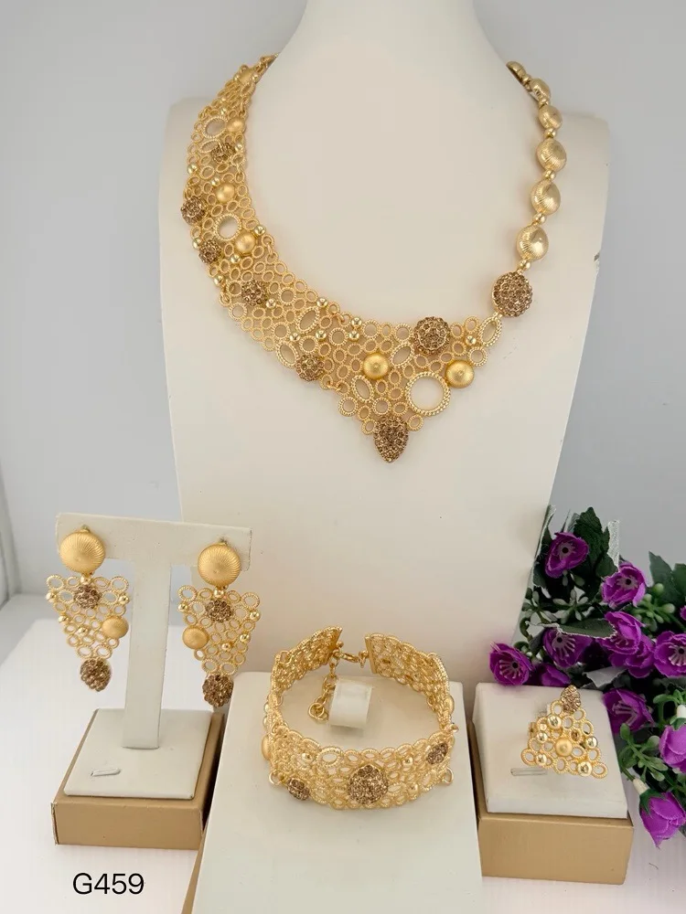 New Arrival Skeleton Round Circles Italian Jewelry Fashionable Necklace Brazalete Aretes Anillo 4PC Jewels Set for Wedding Party