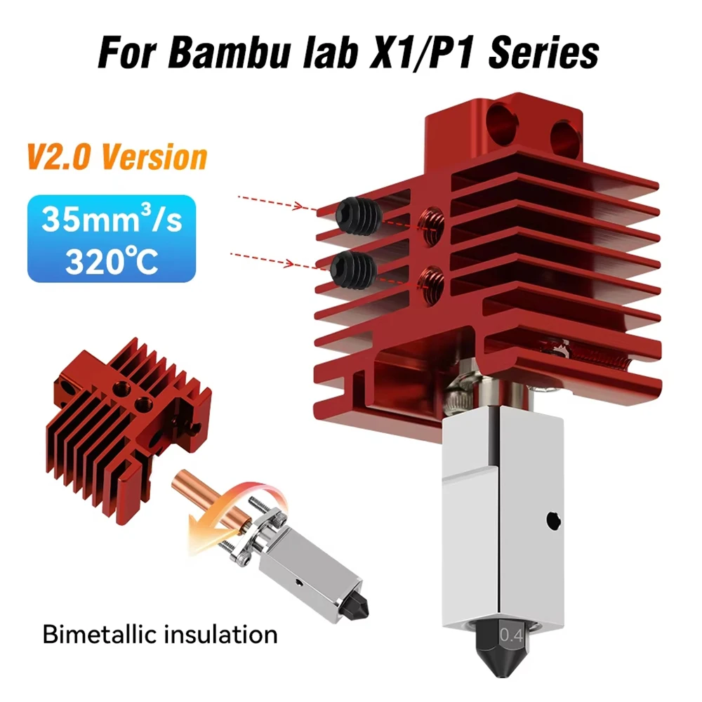 V2 Upgrade Hotend Red For Bambu Lab X1 X1C P1P P1S Hard Steel Nozzles Bamboo Bambulabs Combo Bimetal Heated Block Thermisto