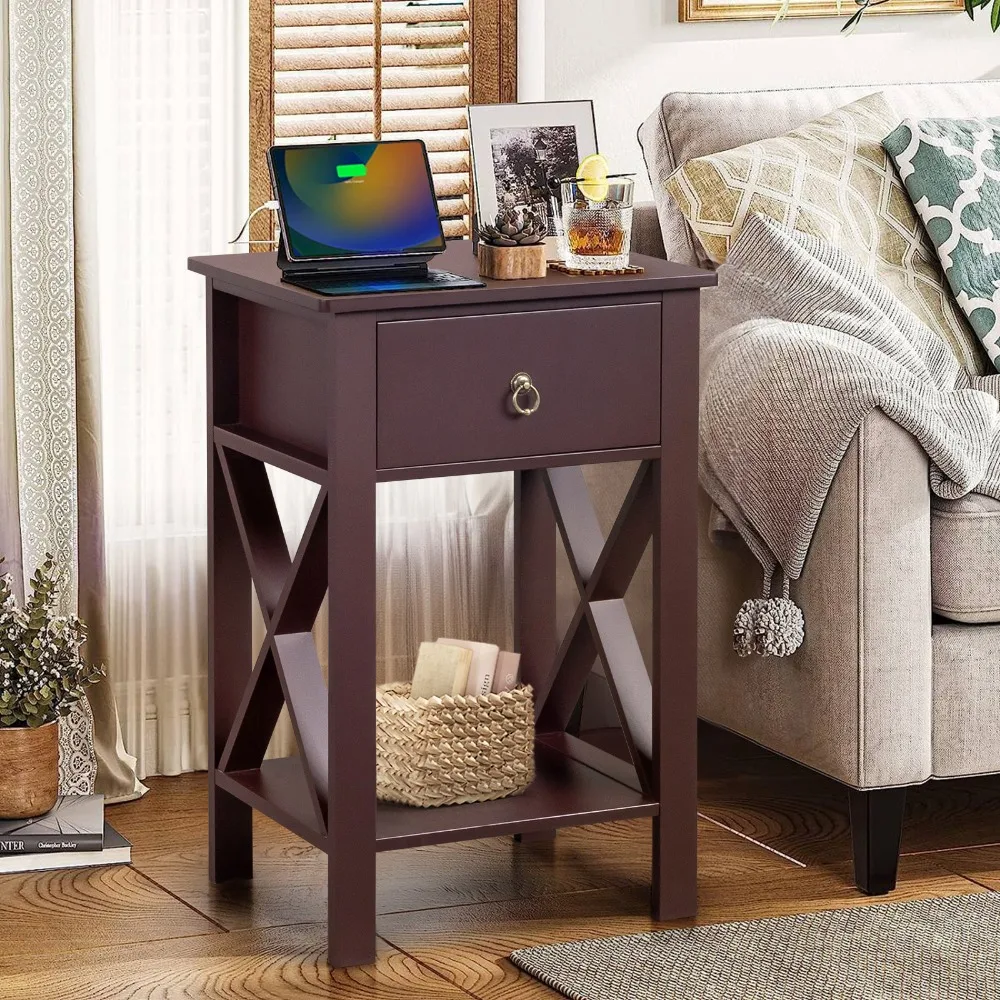 Side Intersection Style Bedside Table Coffee Table with Two-layer Drawer Brown, Nightstands