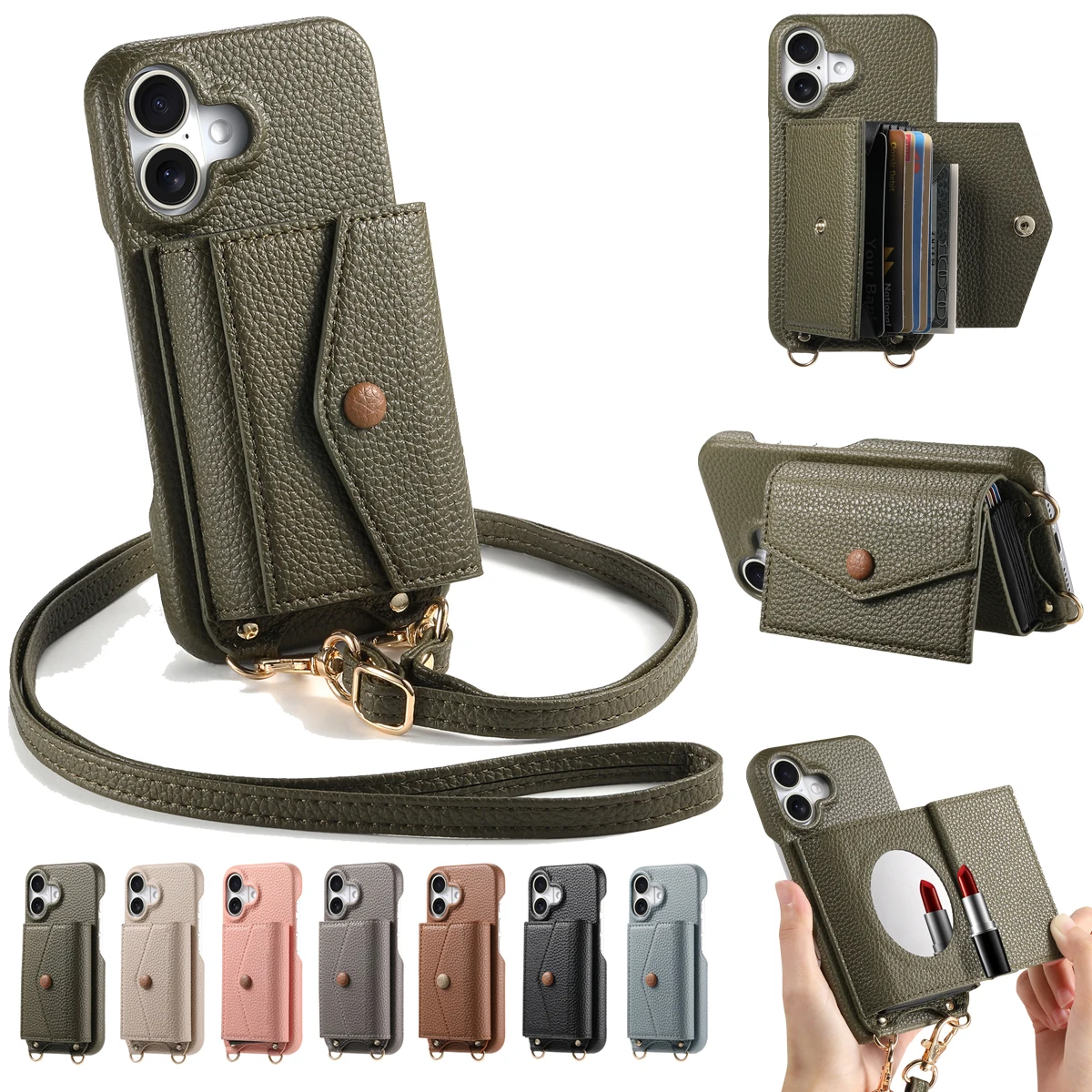 

Mirror Card Case For iPhone 17 Air 16 16e 15 Plus 14 13 12 11 Pro Max Xs XR 7 8 Plus Shockproof Stand Wallet Phone Case Cover