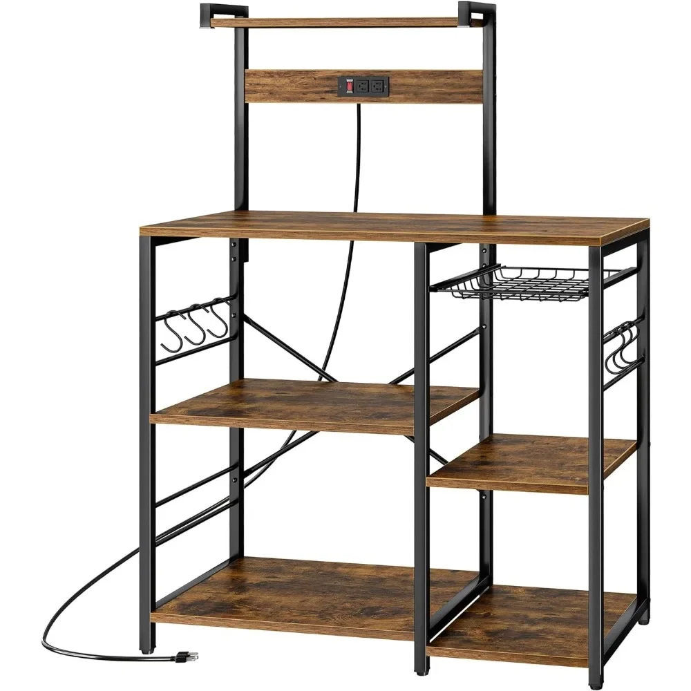 Bakers Rack with Power Outlet, Microwave Stand, Coffee Bar with Wire Basket, Kitchen Storage Rack with 6 S-Hooks,