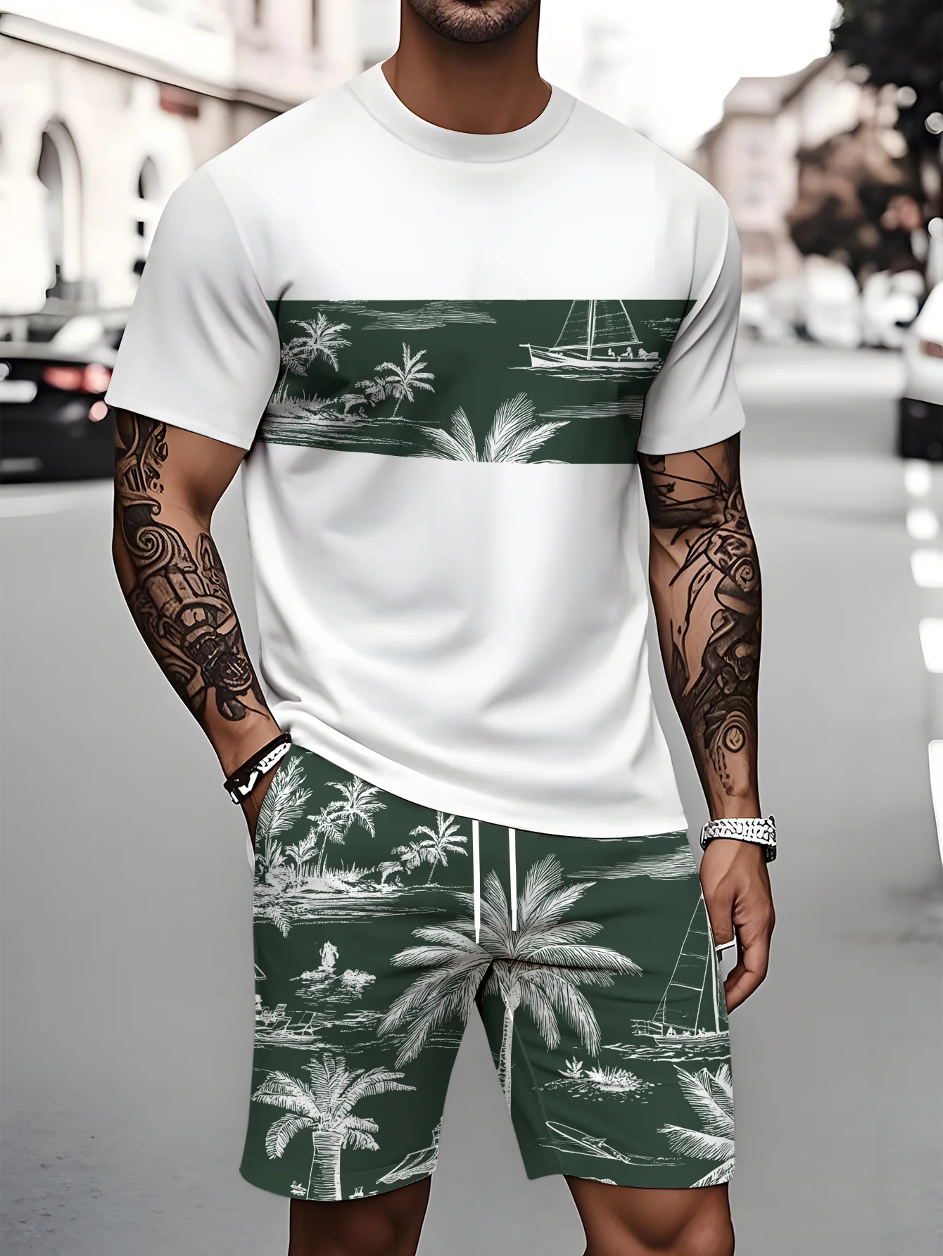 

2026 Summer Fashion T-Shirt and Shorts Set Stylish Streetwear Look for Men–3D Short-Sleeve Oversized Top with Palm Tree Print