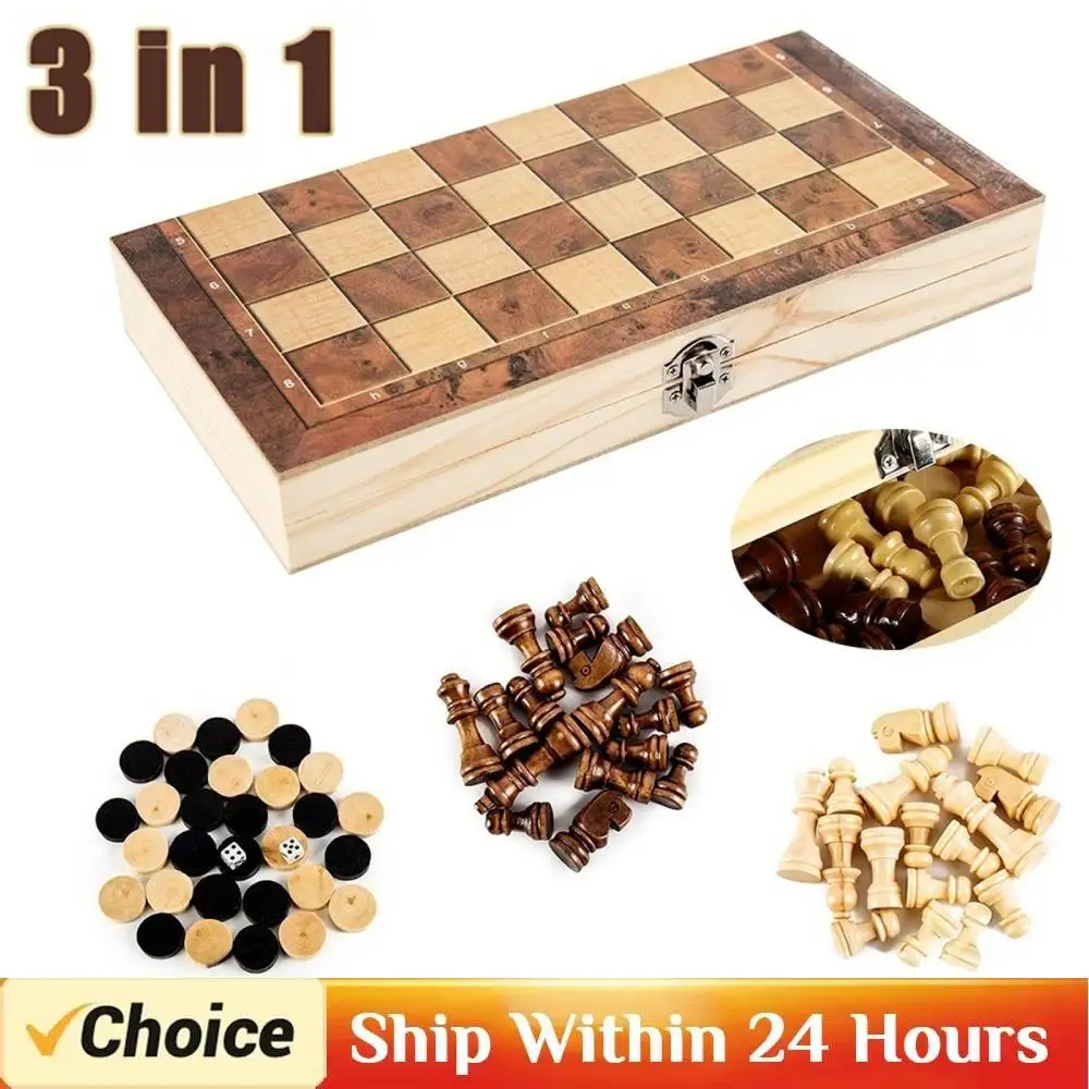 Juego de ajedrez 3 en 1, almacenamiento plegable, juegos de tablero de ajedrez de madera, juego de ajedrez exquisito, juego de ajedrez y damas para niños adultos