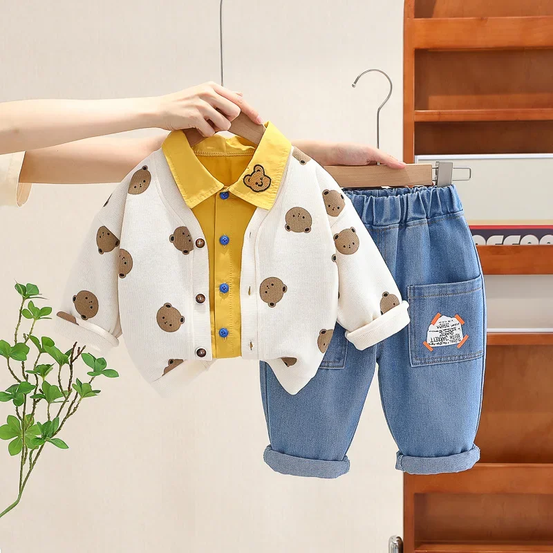 

Spring Autumn Children Boy 3PCS Clothing Set Solid Shirt Cartoon Bear Cardigan Coat Suit Elastic Waist Jeans Pant Kid Boy Outfit