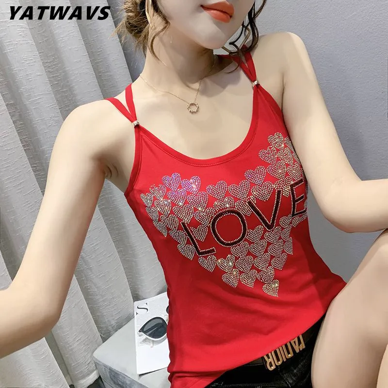 2023 Streetwear Girl Summer Off Shoulder Women Mesh Tops Elegant Causal Slim Heart Diamonds Female Sexy Suspender T-Shirt Tees