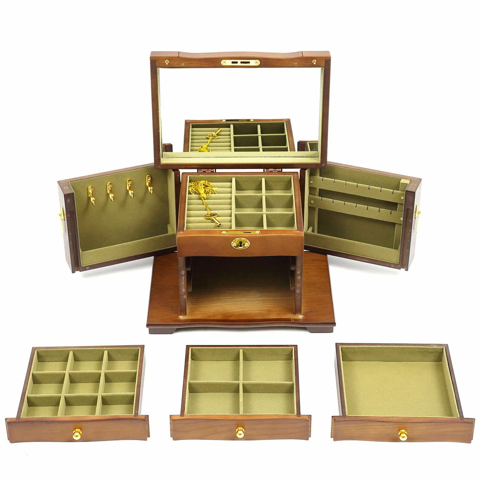 

Antique Large Wooden Jewelry Organizer Box Necklace Watches Rings Storage Case